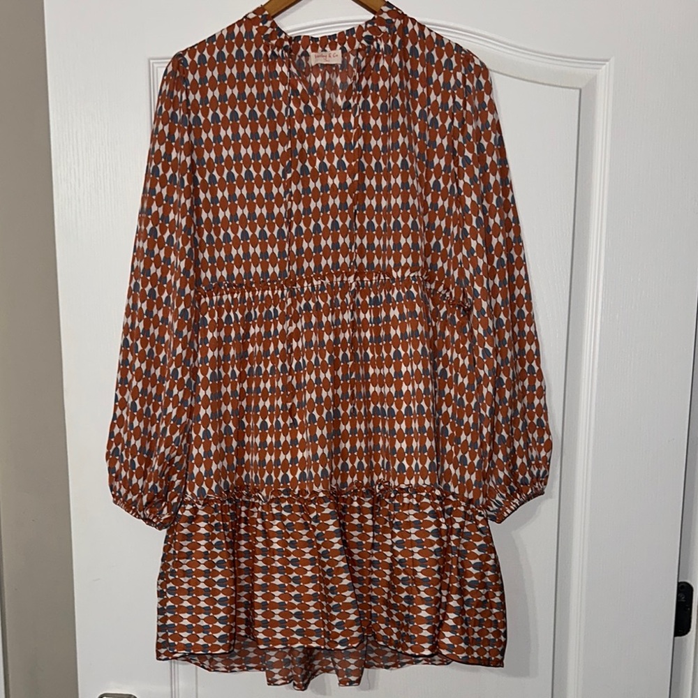 Geometric Patterned Dress in Brown, Blue and Cream